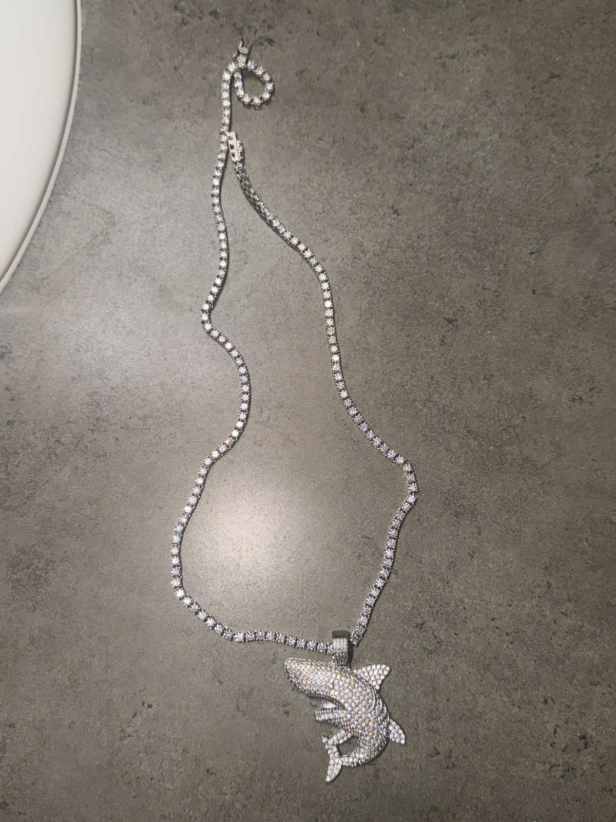 white gold moissanite tennis chain and shark pendant