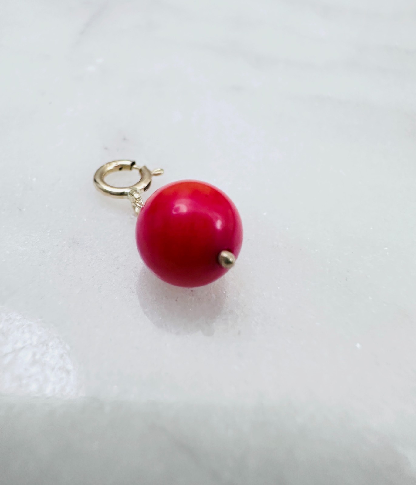 14K Solid Yellow Gold Small Round Red-Orange Coral Charm Pendant w/Spring Clasp