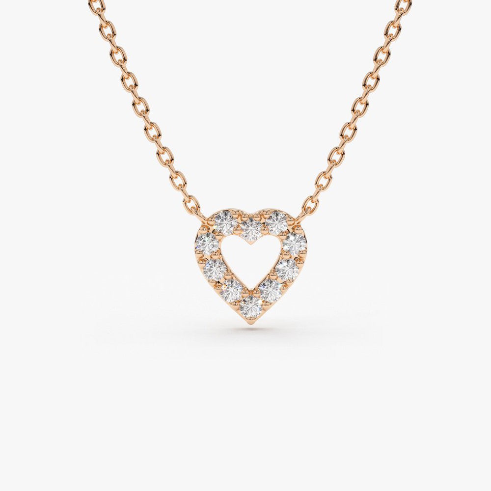 Solid 14K Gold Round Cut Natural Diamond Dainty Heart Pendant Necklace For Her