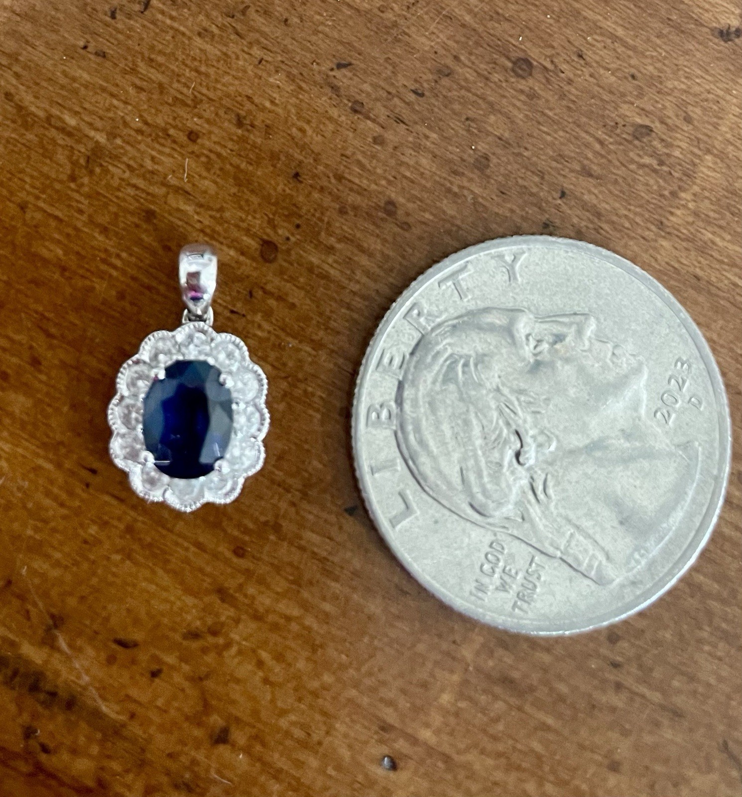 Beautiful Dark Blue Sapphire Pendant With Pave Diamonds White Gold Setting