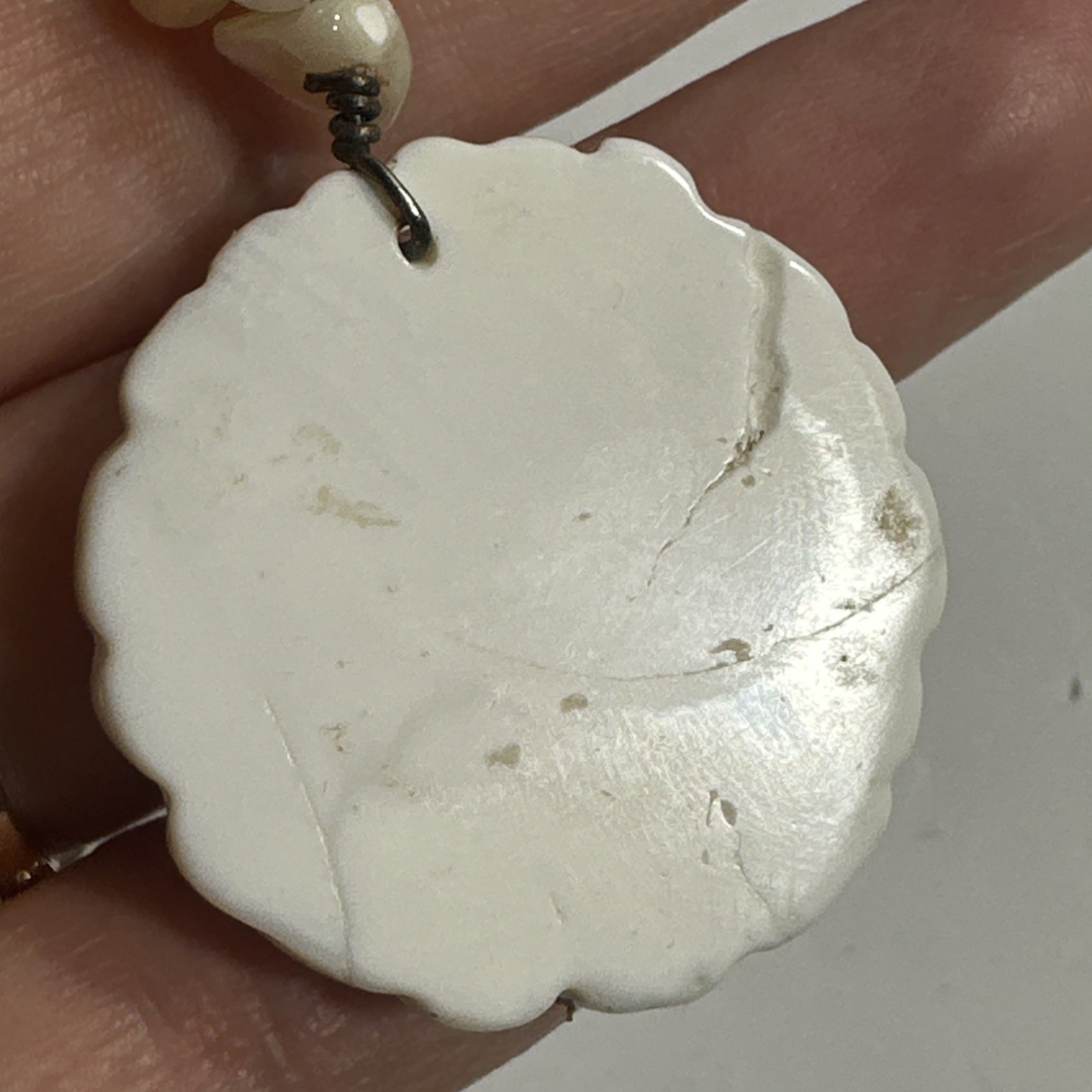 Vintage Mother Of Pearl Necklace Carved Rose Pendant MOP Leaf 925 Silver Clasp