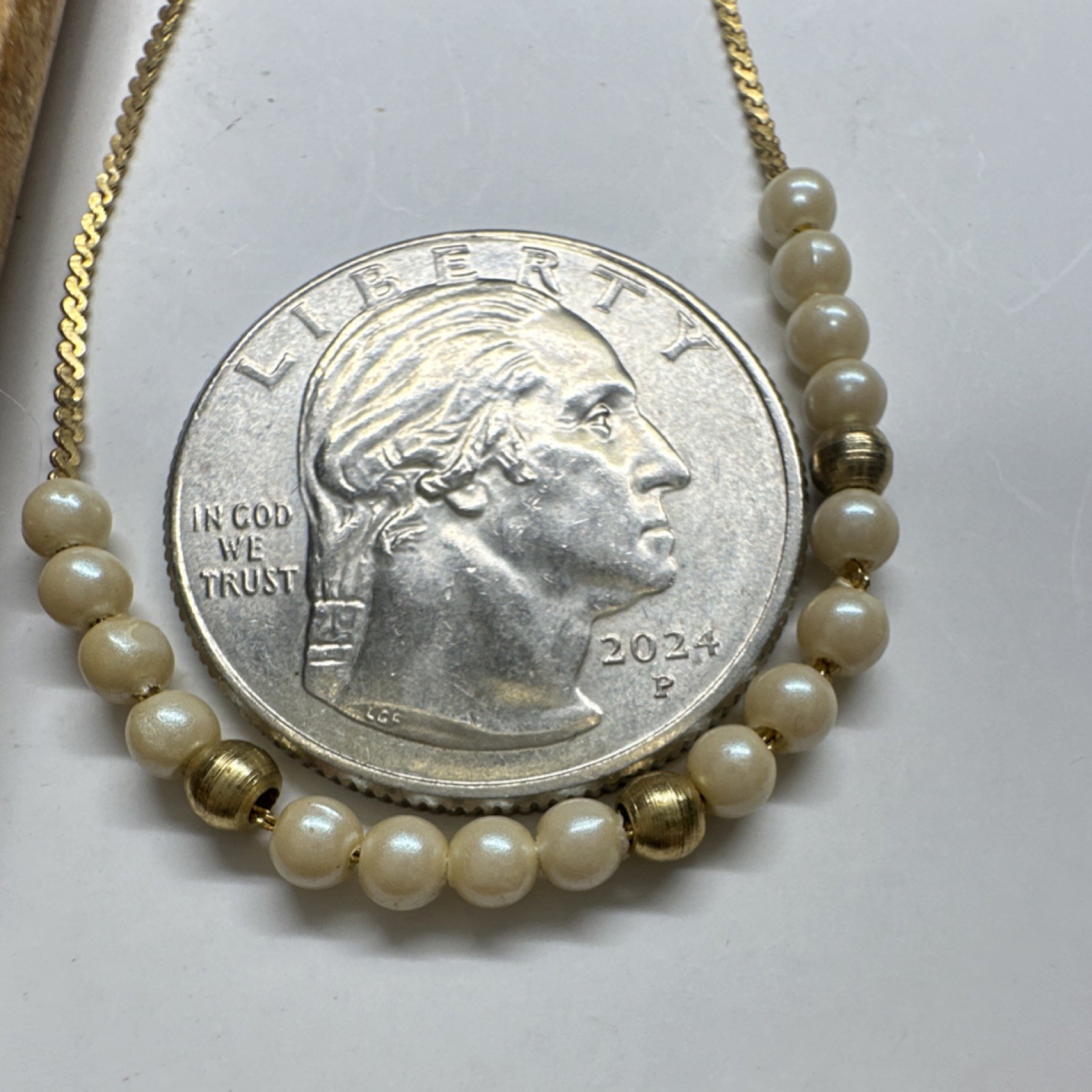 Pearl Necklace Yellow Gold Beaded Chain Station Round White 12-18in Spring Ring