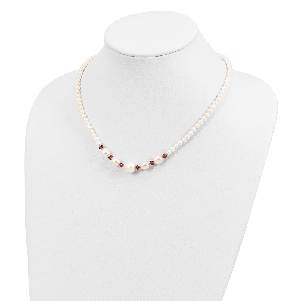 14k Yellow Gold White Semi-Round Cultured Pearl & Garnet Bead Necklace 18″
