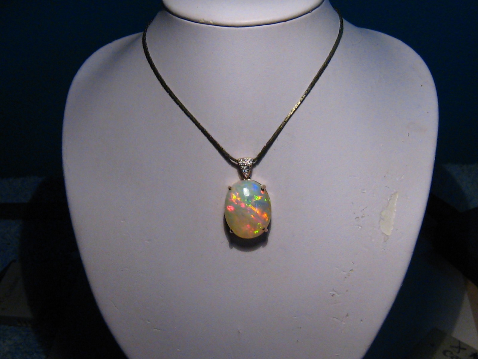 Large 25 ct Welo Opal & Diamond Pendant , Solid 14 k Gold , Brightness 5+