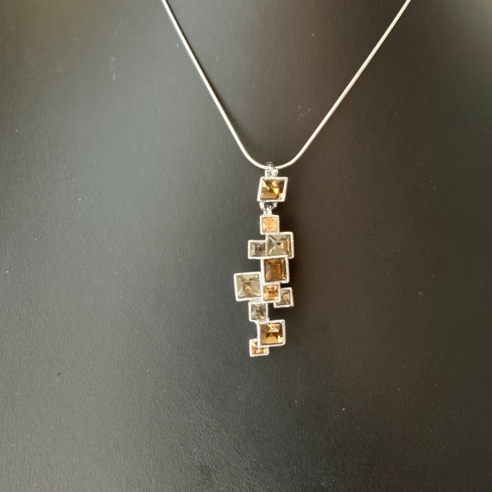Sterling Silver Snake Chain Necklace Geometric Pendant Square Gemstones Chain