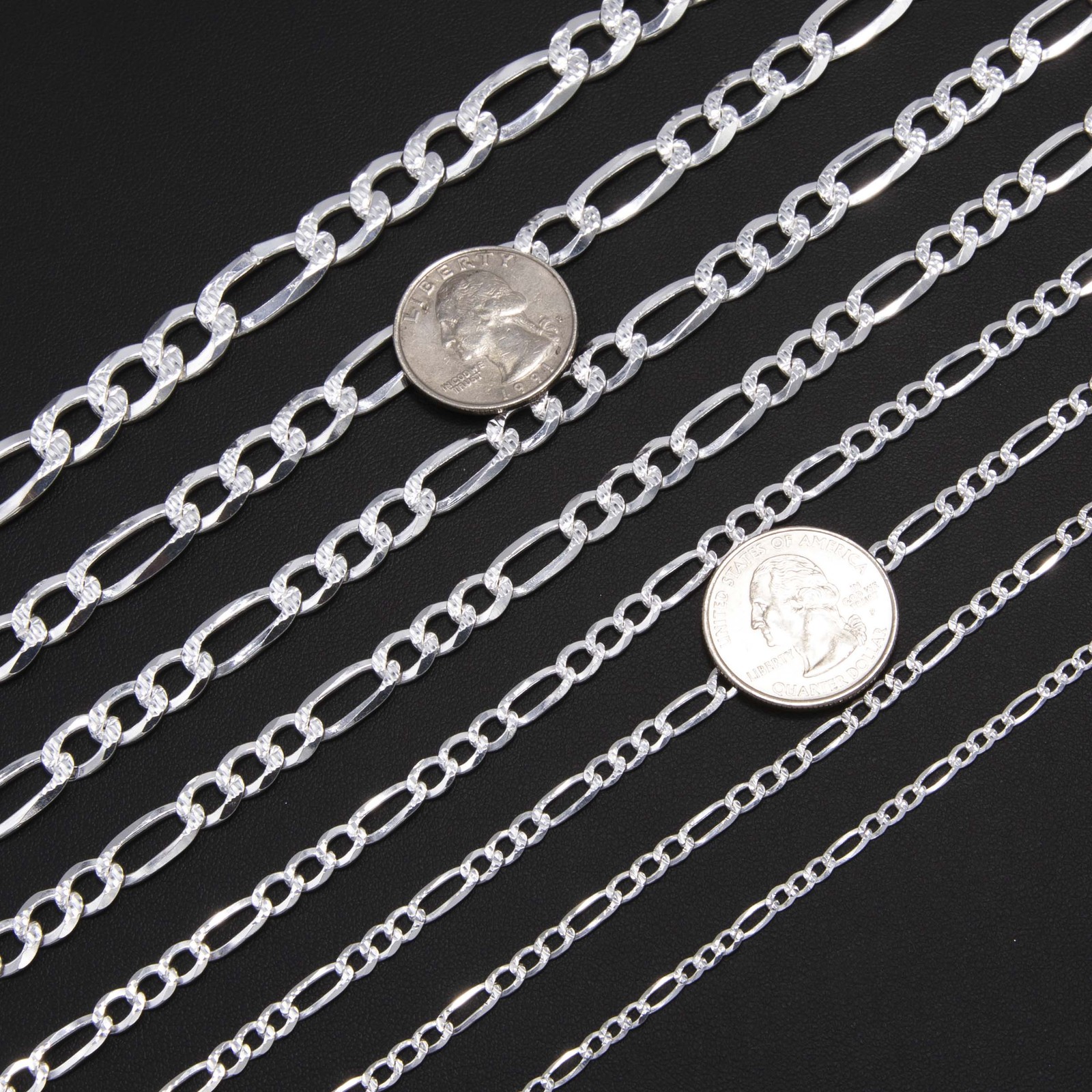 Diamond-Cut Reversible Figaro Chain Solid Sterling Silver 925 Italy All Sizes