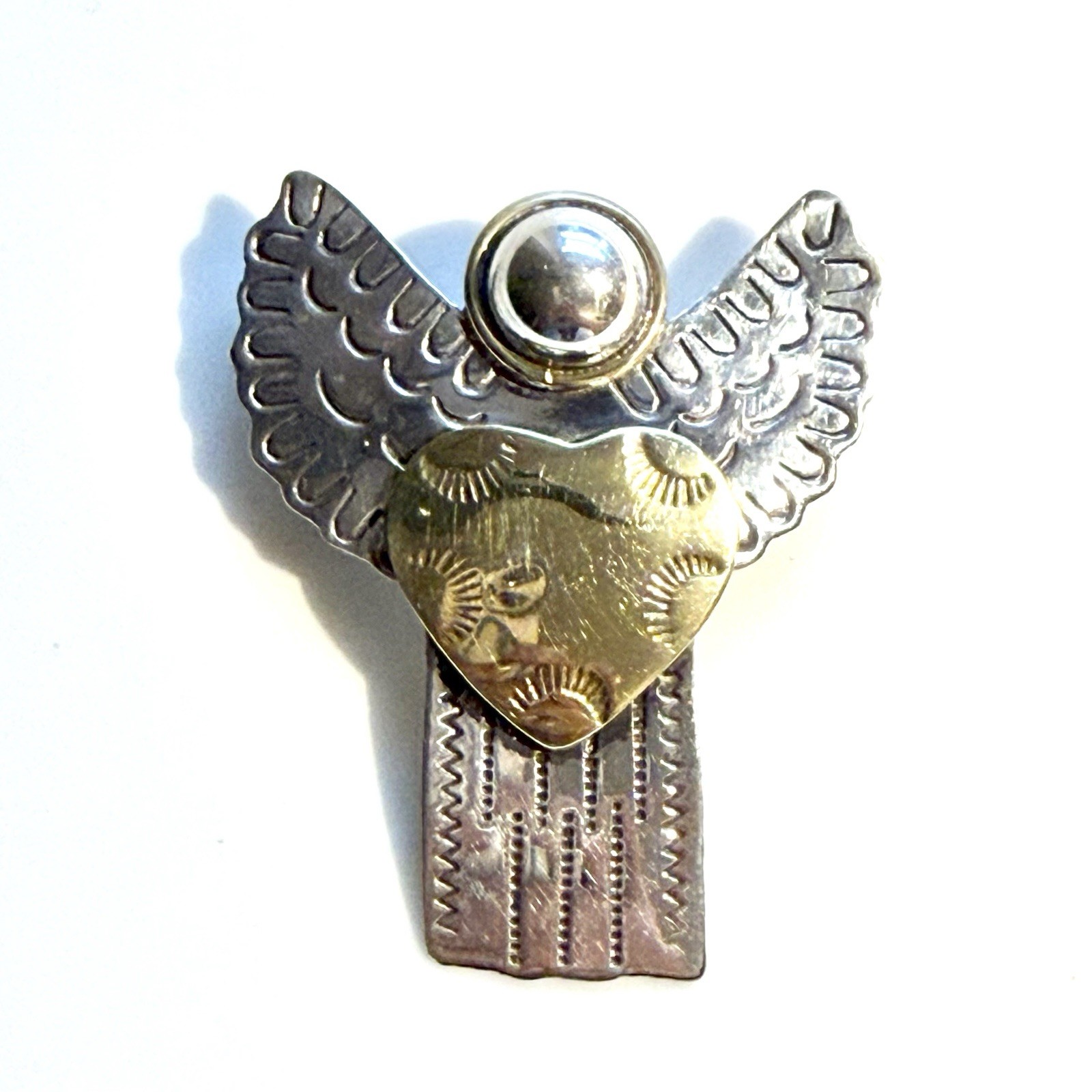 VINTAGE 925 STERLING SILVER & VERMEIL ANGEL WITH HEART PIN BROOCH PENDANT