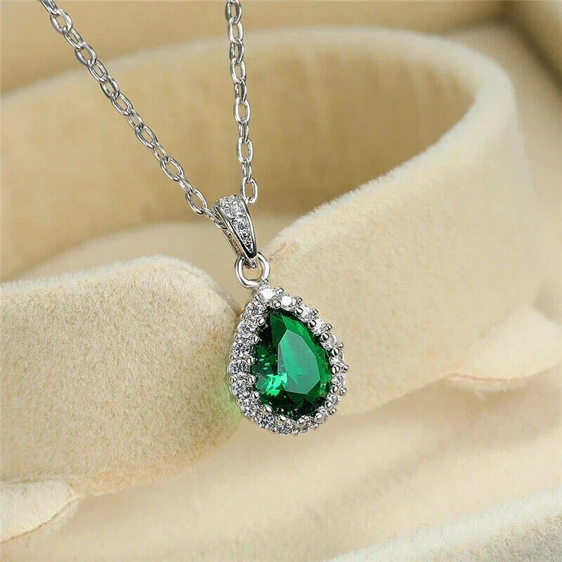 1.50Ct Pear Cut Lab Created Emerald Teardrop Pendant 14K White Gold Plated 18”
