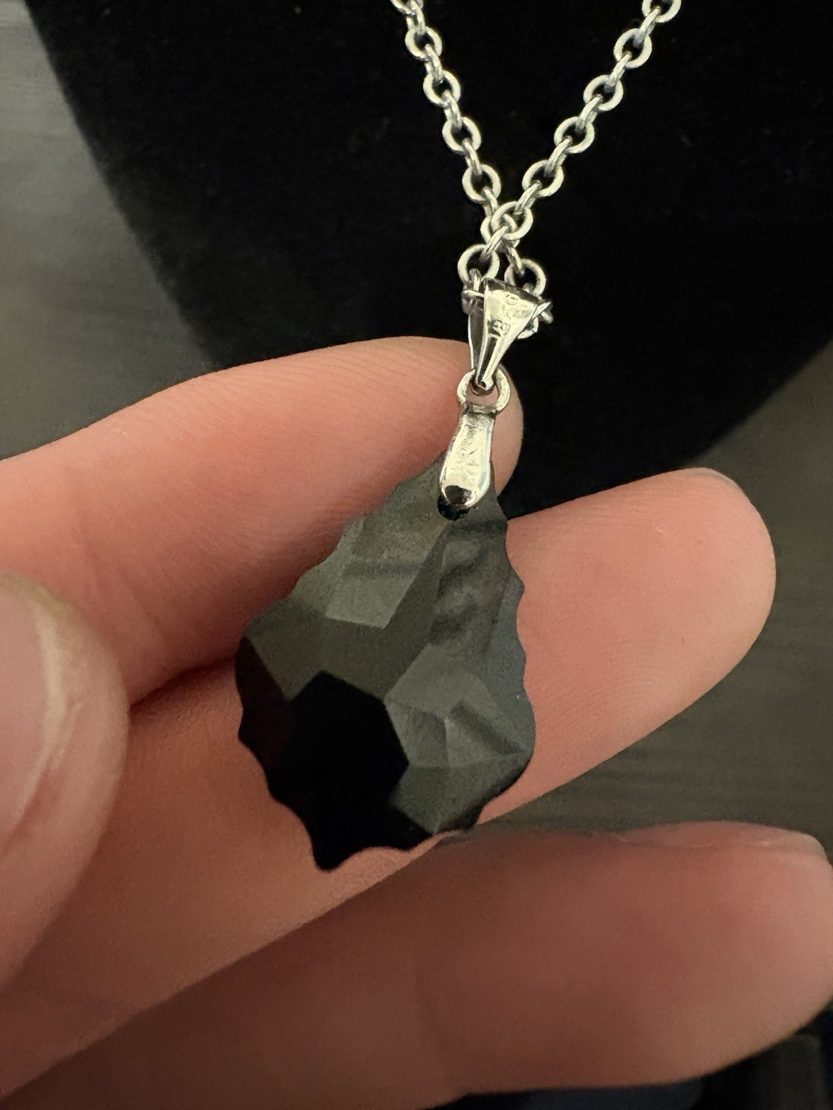18k White Gold Plated Black Obsidian Pendant on Cable Chain 18”