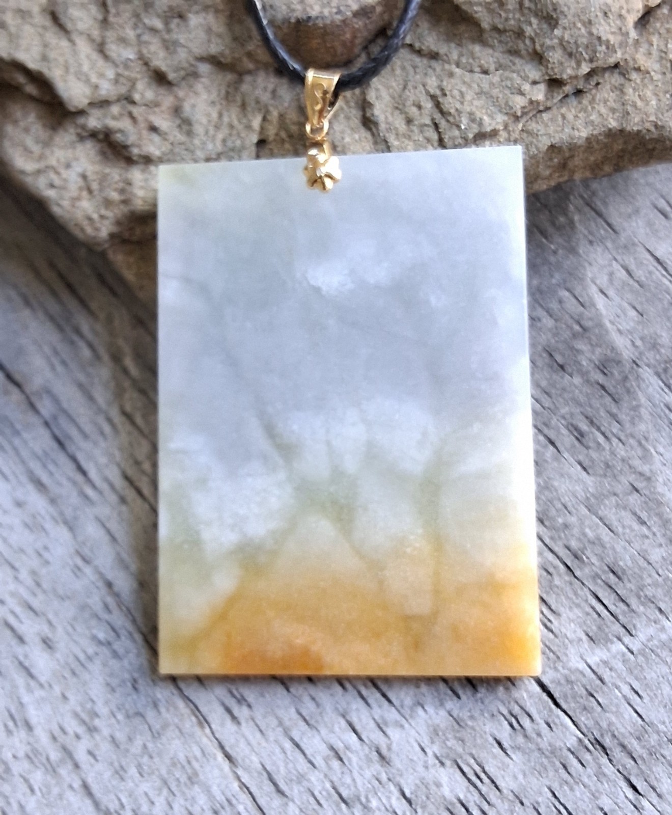 Certified Rectangle Jade Pendant Necklace 18k Yellow Gold Bail Black Cord Signed