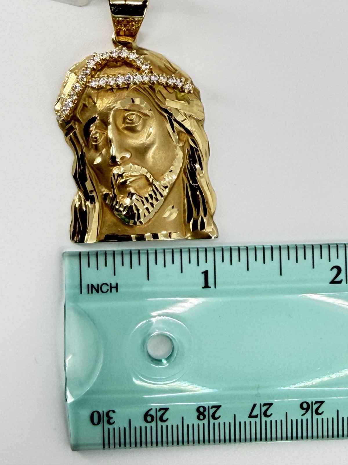 14K Solid Yellow Gold Jesus Face Piece Crown of Thorns CZ Pendant Italy