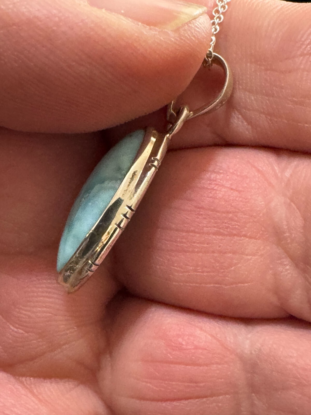 Vintage AV Sterling, silver oblong, unknown, solitary stone (Might be Larimar?)