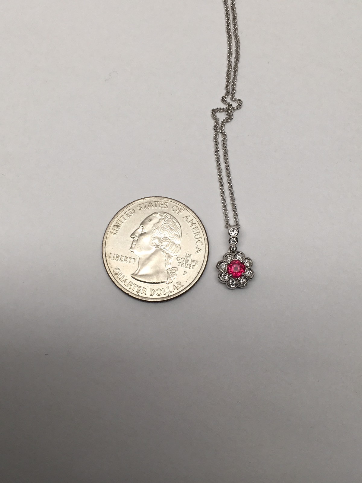 18K White Gold Cherry Red Ruby and 0.20ct Diamond Pendant with Chain Brand New