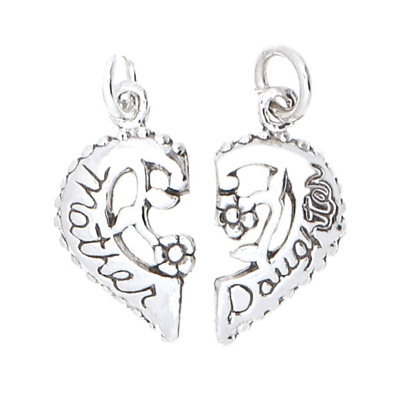 Sterling Silver Mother Daughter Split Heart with Flowers Charm or Pendant