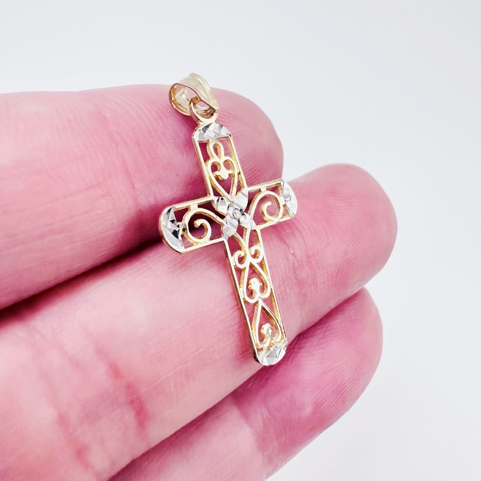 Solid 10K Multi-Tone Gold Filigree Cross Pendant w/White Sapphire Accent, 1.15″