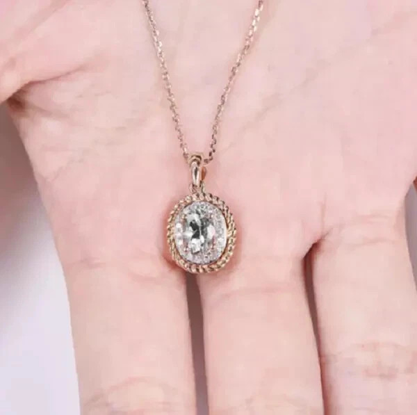 2Ct Oval Cut VVS1 Diamond Halo Pendant 14K Yellow Gold Finish 18″Free Chain