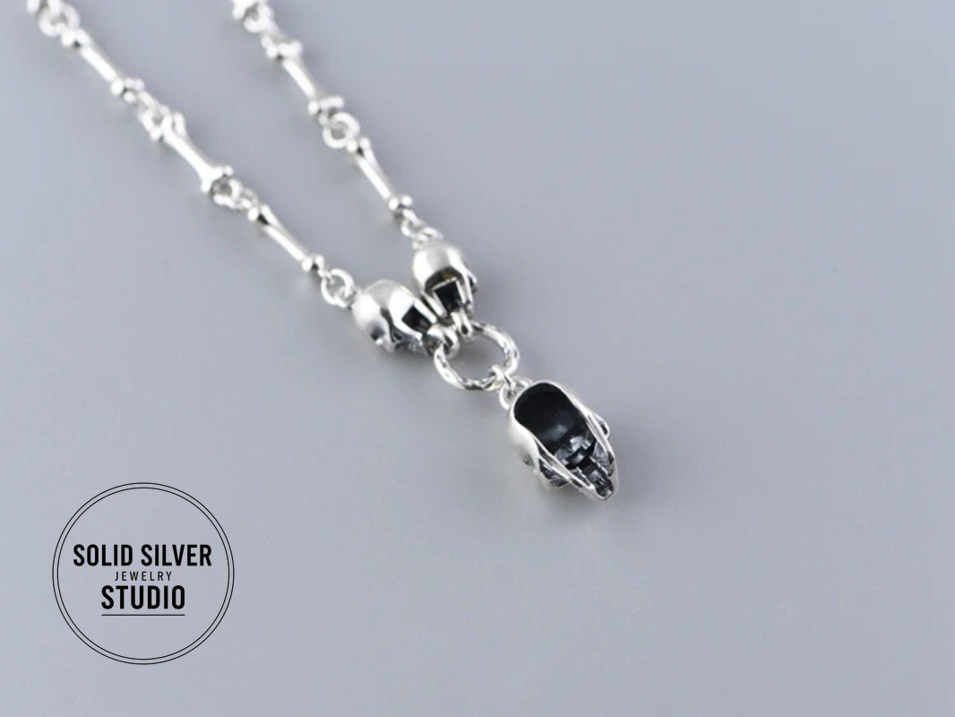 S925 Authentic Sterling Silver Skull&Bone Link Chain Punk Gothic Biker Necklace