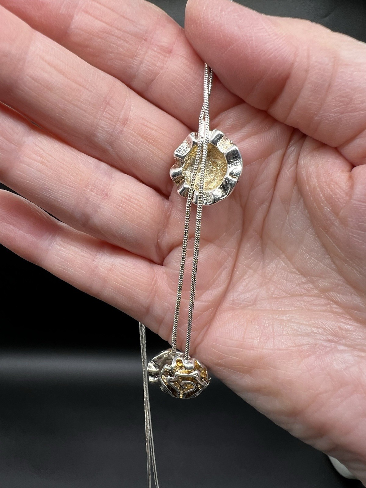 Sterling Silver Lasso Type Necklace, Round Pendant With Dangles, 24”