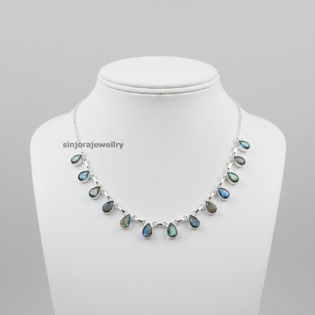 Natural Labradorite Gemstone 925 Sterling Silver Handmade Gift Necklace 18″