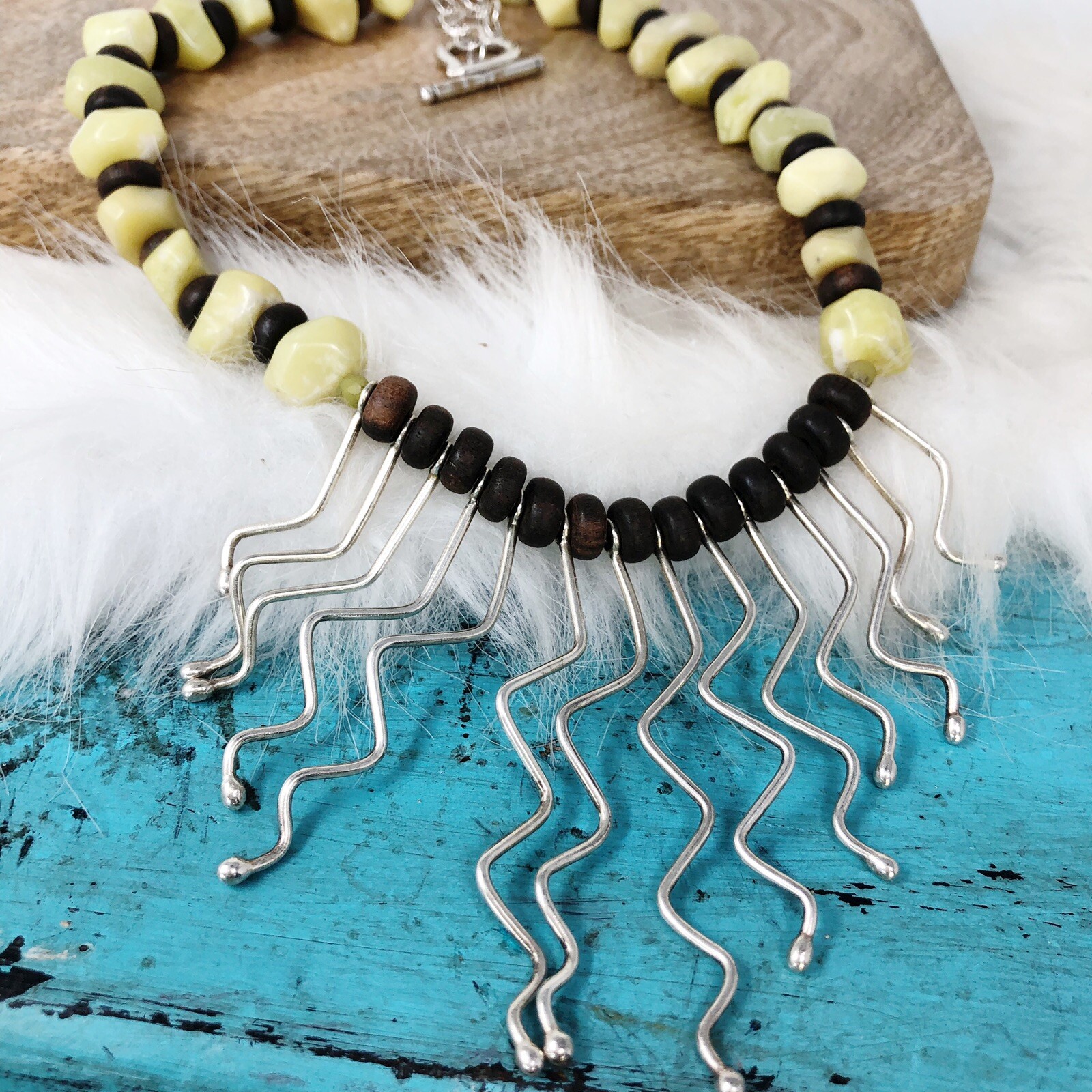 Vintage Tribal Jade Wood Wavy Sterling Silver Asymmetrical Dangles Necklace 18″