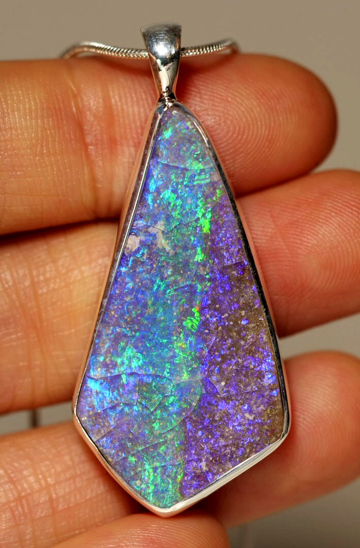 BIG Australian Natural Andamooka Painted Lady Opal Silver 925 Pendant Hallmarked