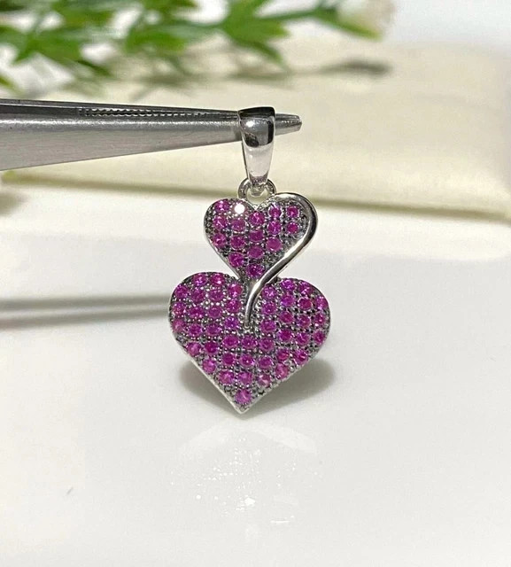 1.35Ct Round Cut Lab Created Ruby Heart Cluster Pendant 14K White Gold Plated
