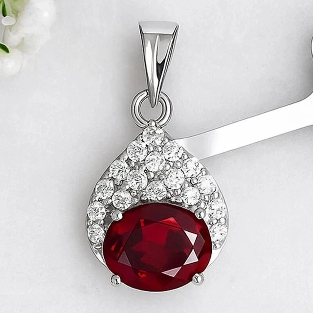 2.20Ct Oval Lab-Created Garnet Diamond WeddingGift Pendant 14K White Gold Plated