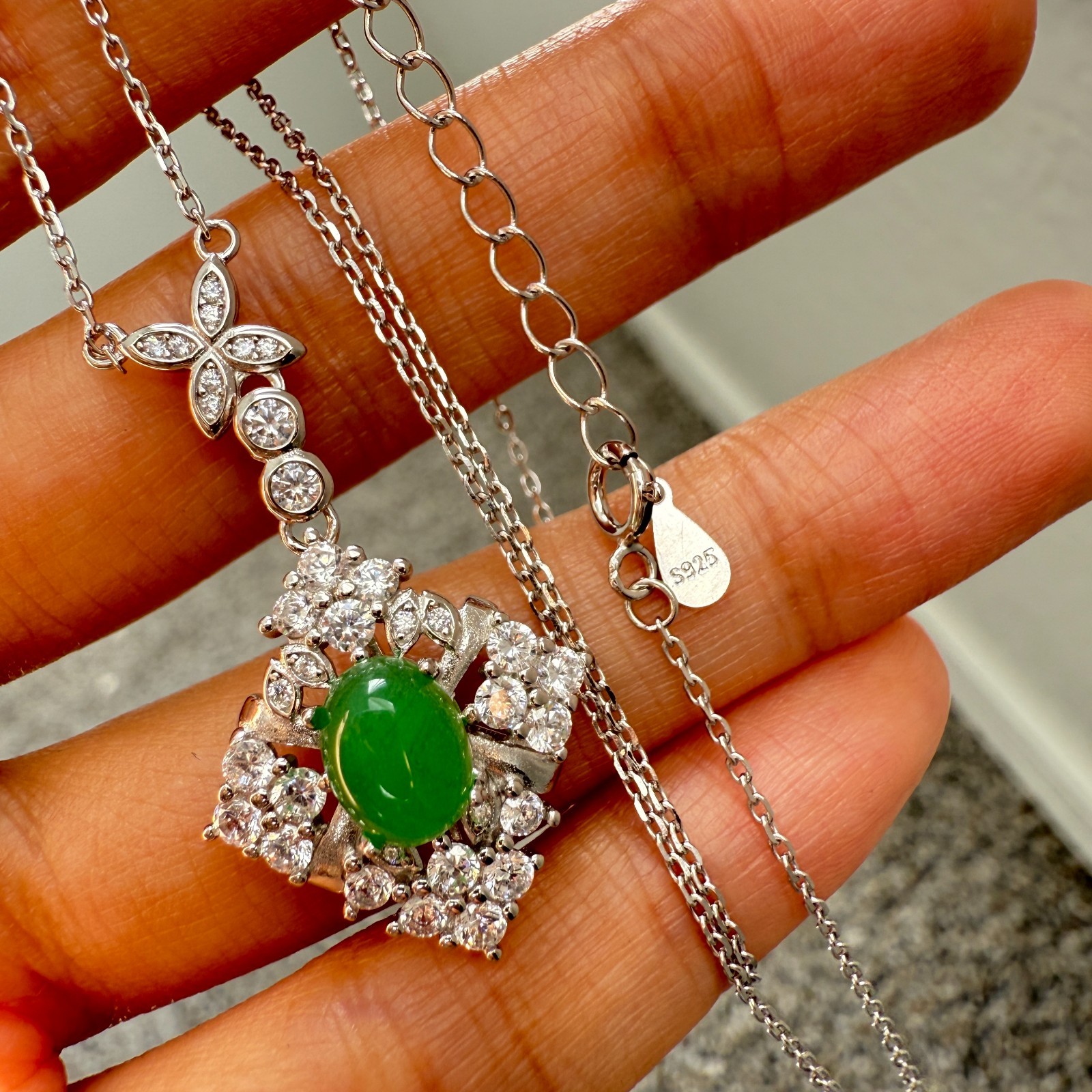 925 Sterling Silver Necklace 8x6mm Natural Emerald Gemstone Zircon Flower Chain