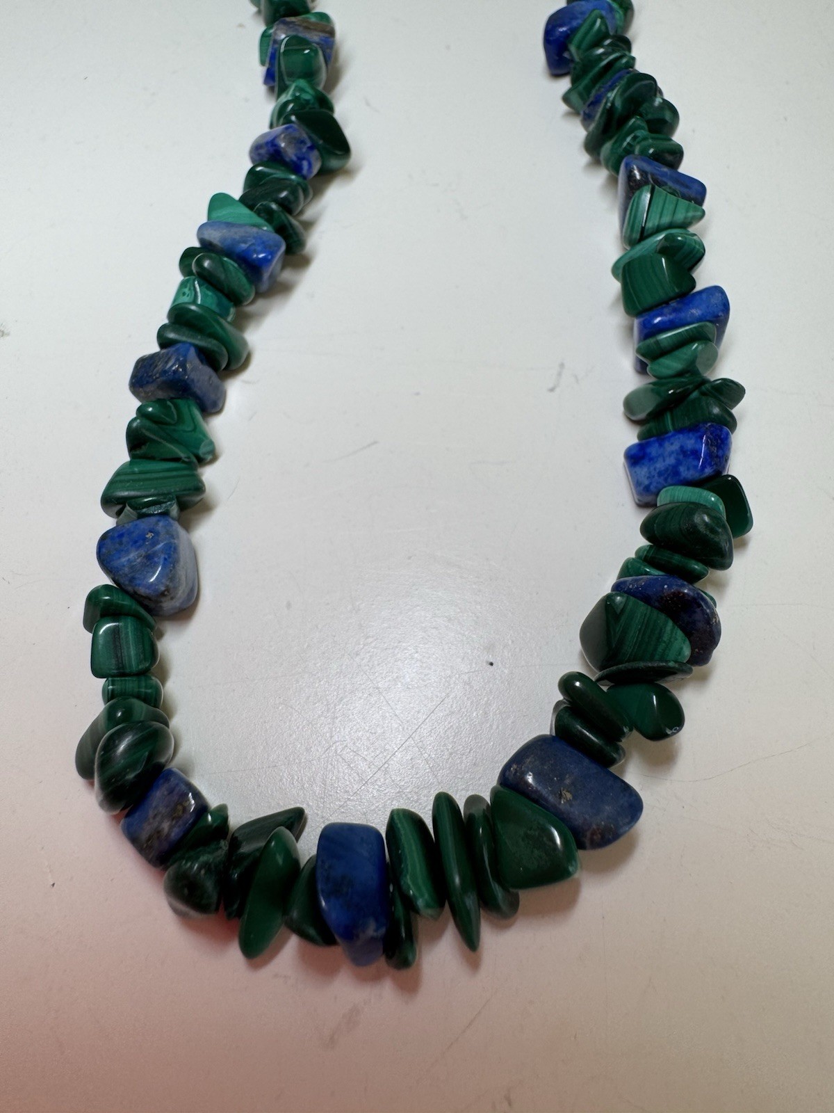 Malachite and Lapis Chip Pebble Bead Strand Necklace Screw Clasp Green Blue Gems