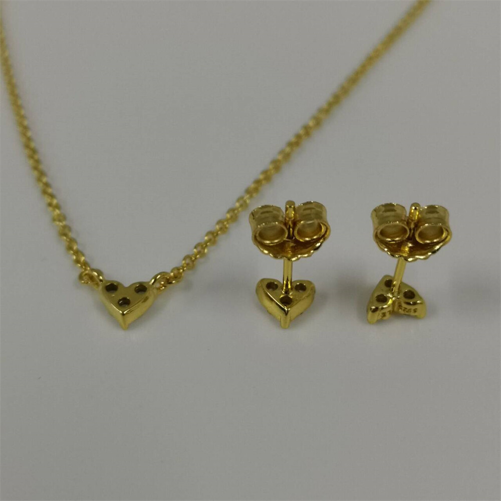 pandora Golden Triple Stone Heart Necklace and Earrings Set 45cm