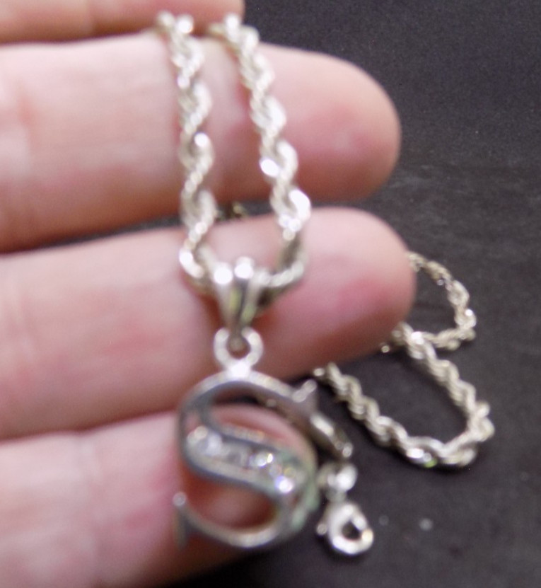 Sterling Silver 925 Thick Rope Chain Necklace w/ S pendant 17″ (537)