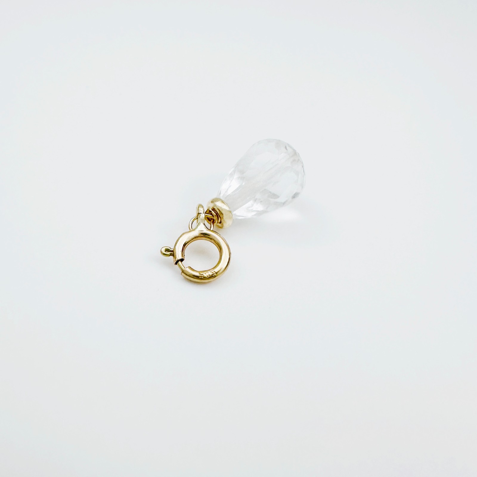 14K Solid Yellow Gold Small Clear Quartz Briolette Charm Pendant w/Spring Clasp