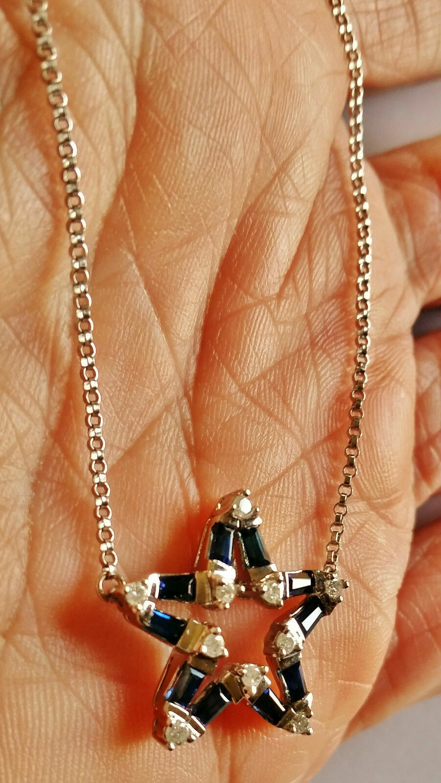 Stunning 14k White Gold .70ctw Diamond & Sapphire Eternity Star Pendant Necklace