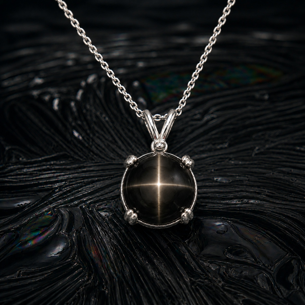 Black Star Sapphire Pendant 925 Sterling Silver 4 Ray Star Round Gemstone