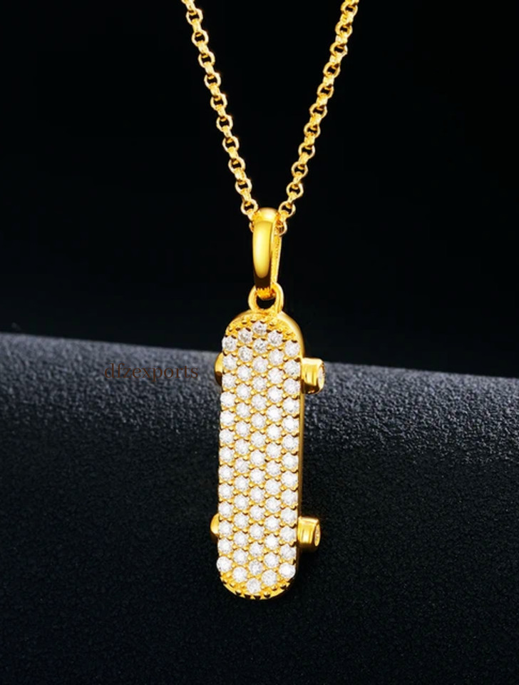 Skateboard Necklace Pendant For Men 925 Silver Moissanite Christmas Gift For Him