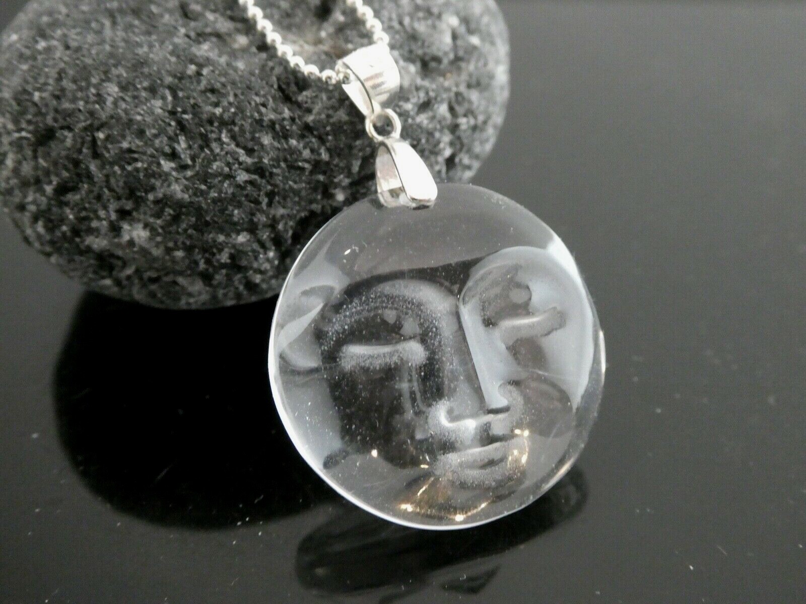 Rock Crystal Clear Quartz MOON Gemstone Sterling Silver 925 Pendant Necklace
