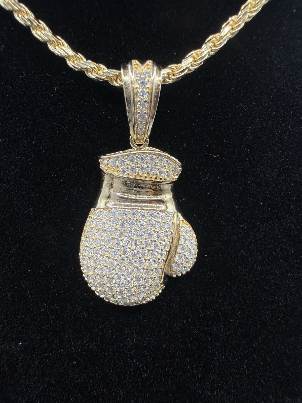 22” 925 Sterling Silver Vermeil Rope Chain w/ Moissnaite Boxing Glove 2.5mm