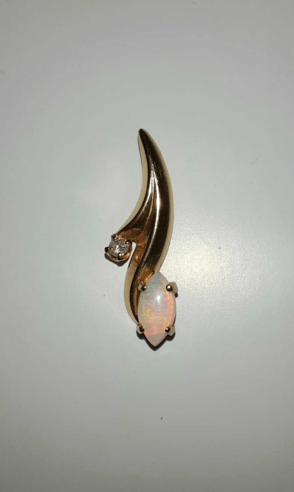14k Yellow Gold Marquise Cut White Opal Small Pendant with Clear Crystal Accent