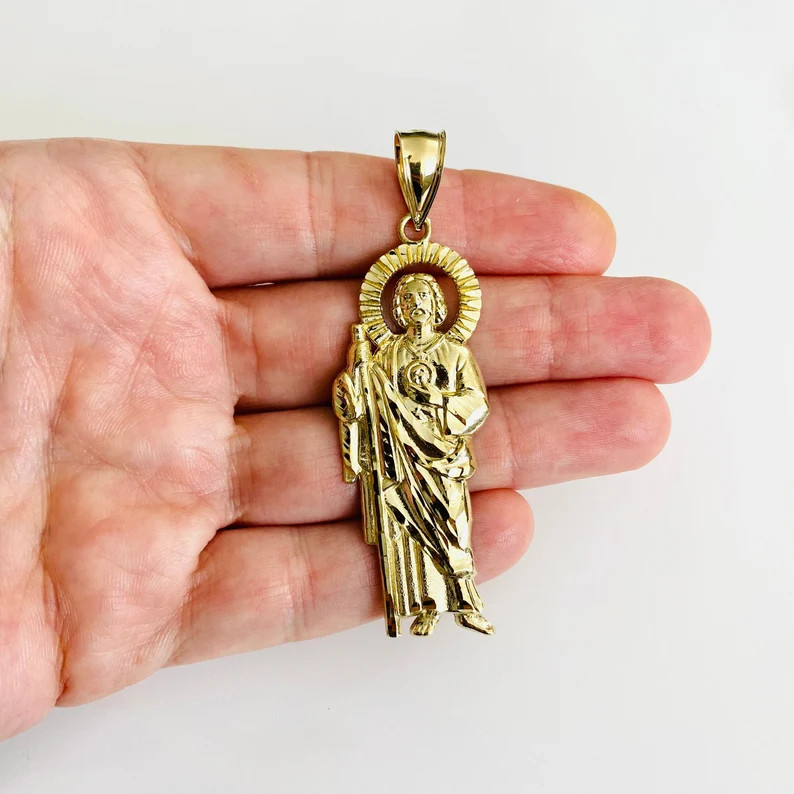 10k Solid Gold 2.9″ Saint Jude Thaddeus, Real Gold Saint Jude Pendant – G115
