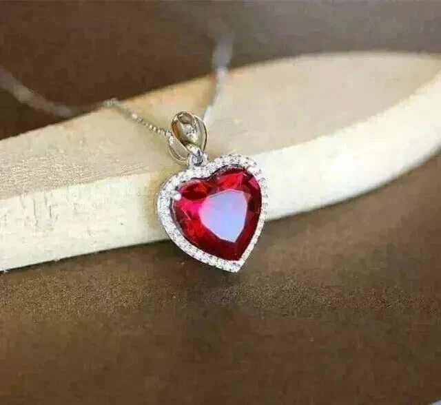 Lab Created Red Ruby 3.0Ct Heart Cut Halo Women’s Pendant 14K White Gold Plated