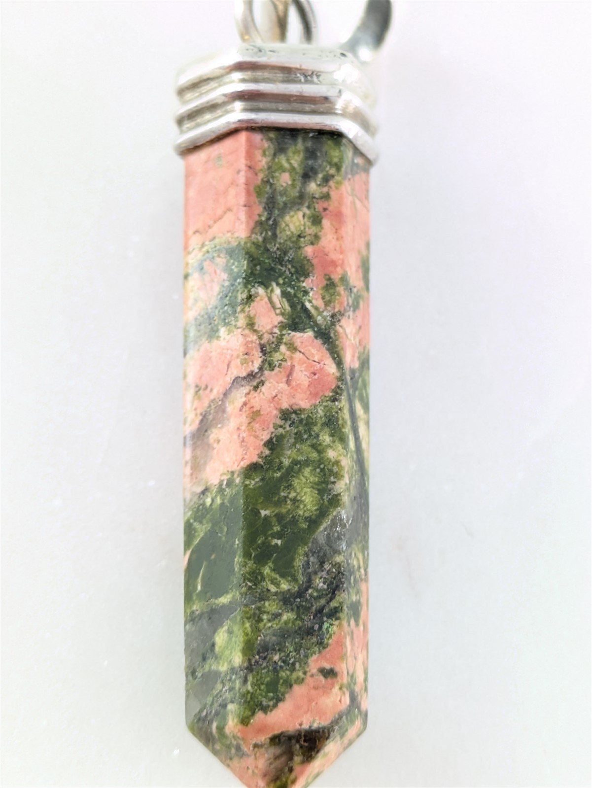 Vintage Solid Sterling Silver Pink Green Unakite Crystal Point Pendant 8 Grams