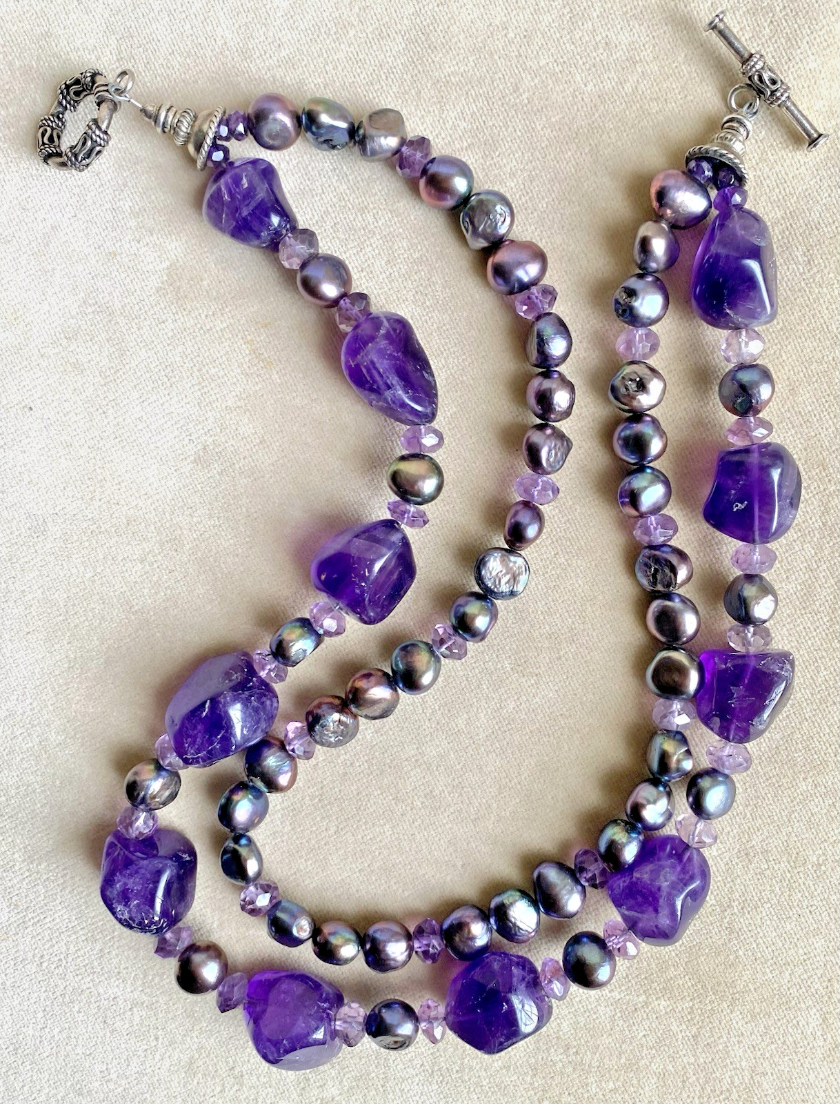 900 SILVER Genuine AMETHYST 20″ Necklace Lavender Freshwater PEARLS 2-Strand