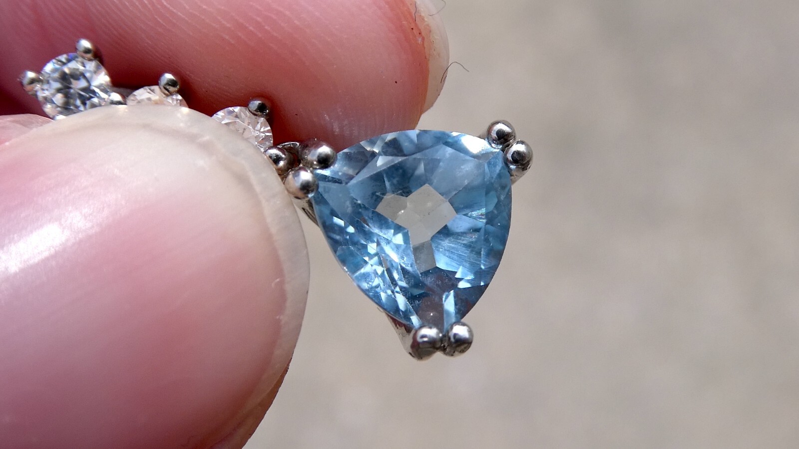Sterling Silver Blue Topaz White CZ Pendant Trillion and Round Cuts 925 .75 Inch