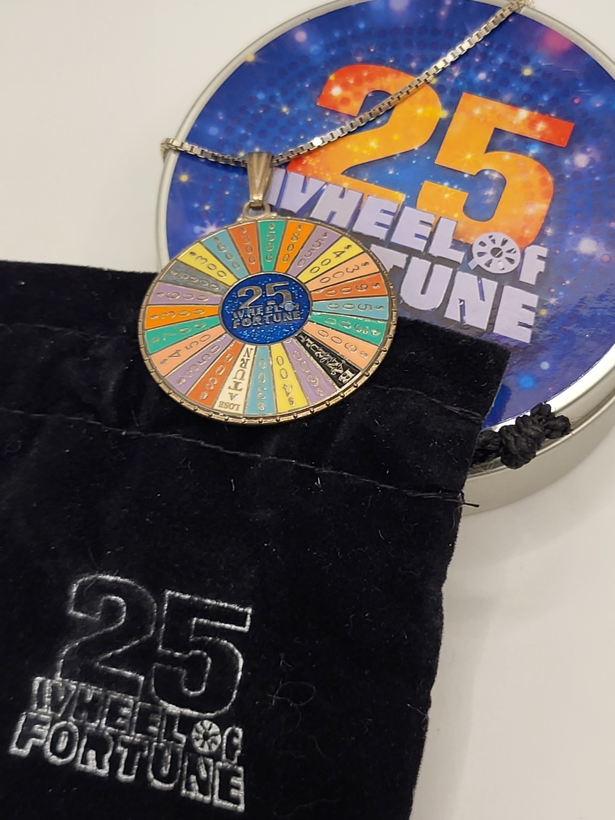 RARE ESTATE Sterling Wheel Fortune 25th Anniversary Pendant Necklace Box Pouch