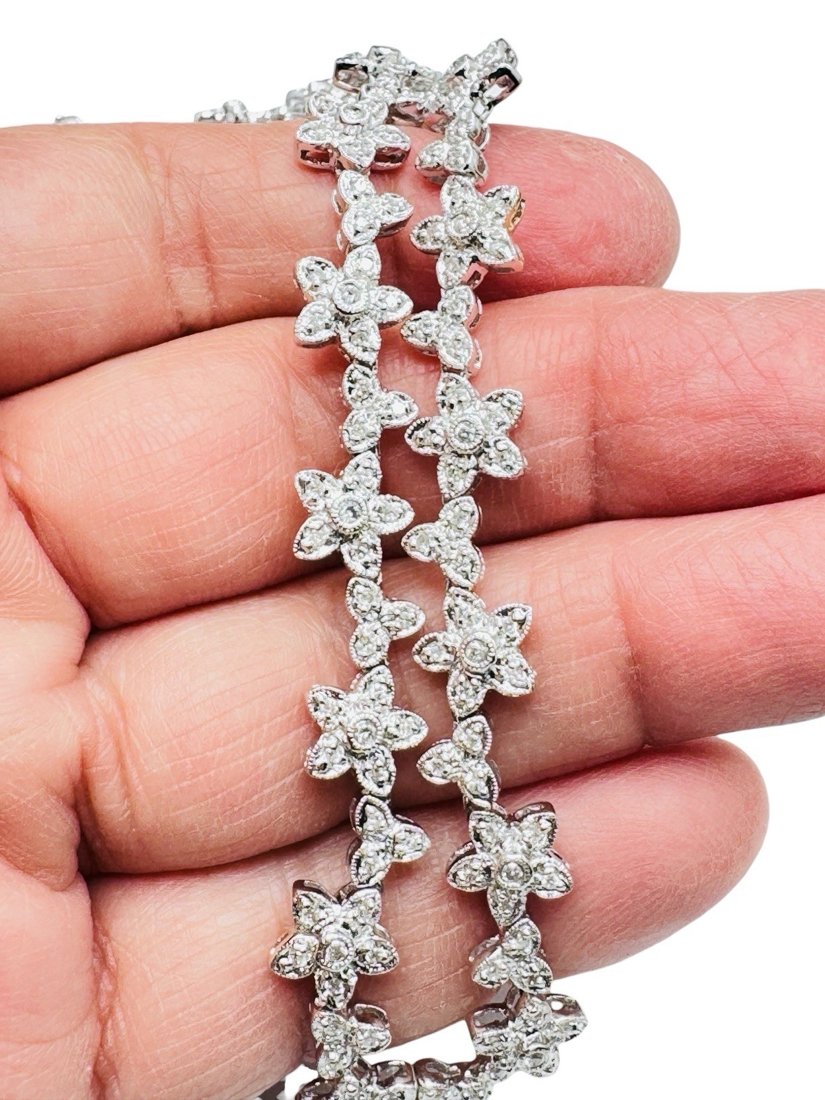 18k White Gold 1.28ctw Diamond Flower Riviere Necklace Deco Style 16″ 32g