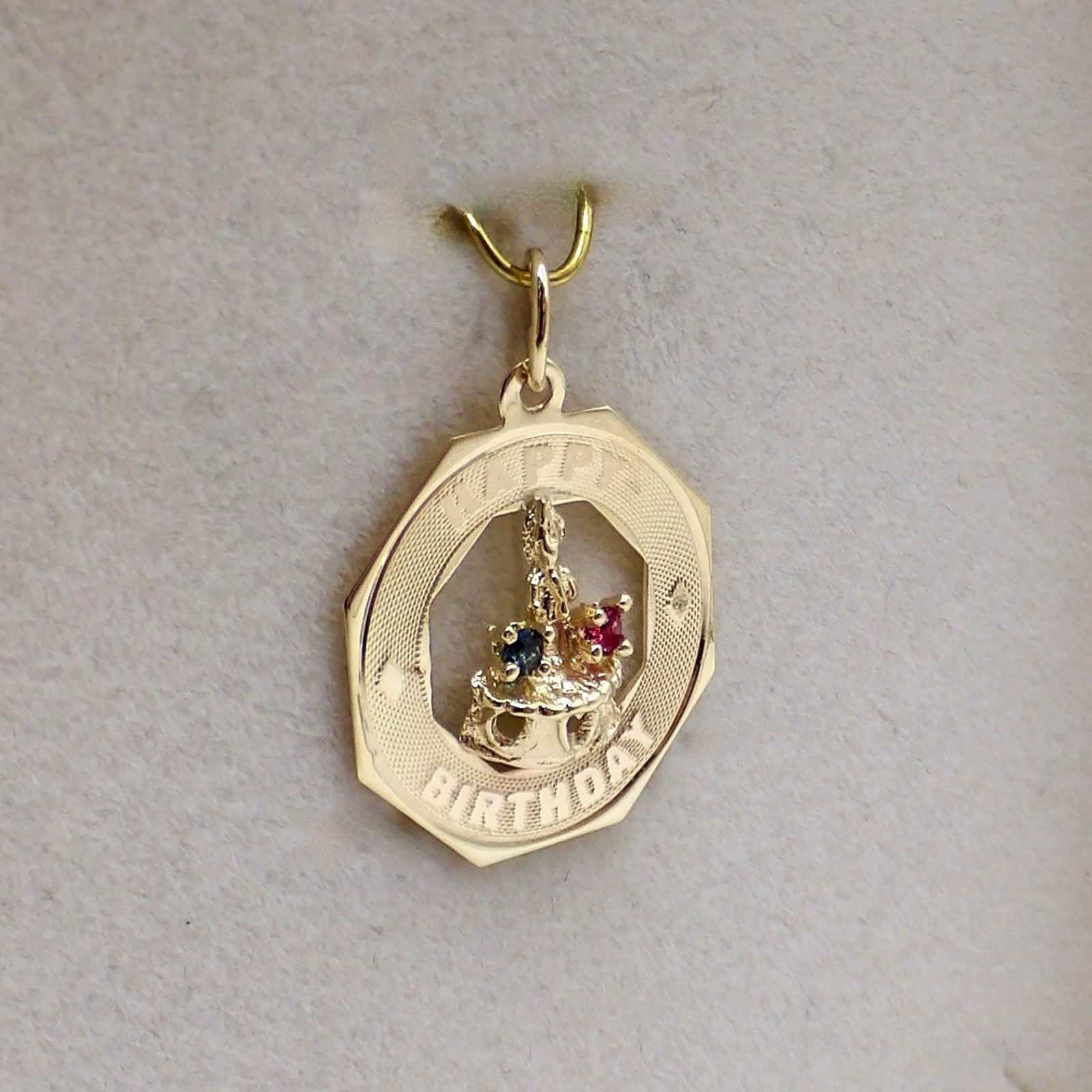 Solid 14k Gold Happy Birthday Cake Candle Natural Sapphire Ruby Charm Pendant