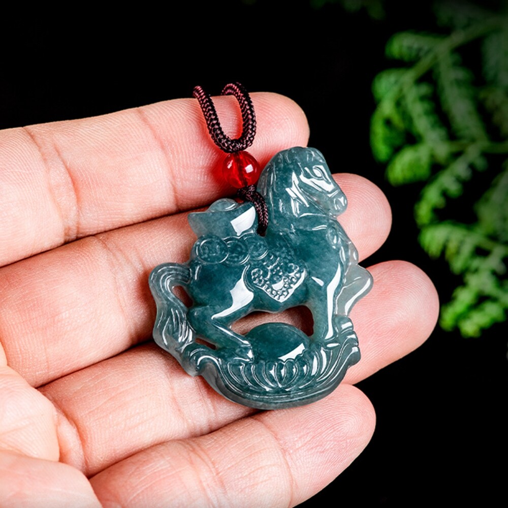Certified Grade A Natural Green Jade jadeite Zodiac Horse Lucky Pendant Necklace