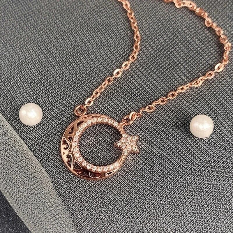 1Ct Lab Created Diamond Round Star Moon Pendant 14K Rose Gold Plated Free Chain