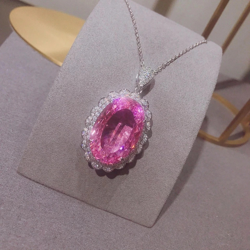 9.30Ct Oval Cut Natural Pink Sapphire & Diamond 14K White Gold Luxurious Pendant