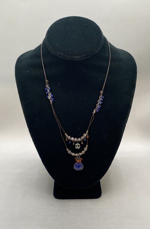 NAJ Sterling Silver 925 Lapis Lazuli Carnelian Quartz Leather Necklace 28″
